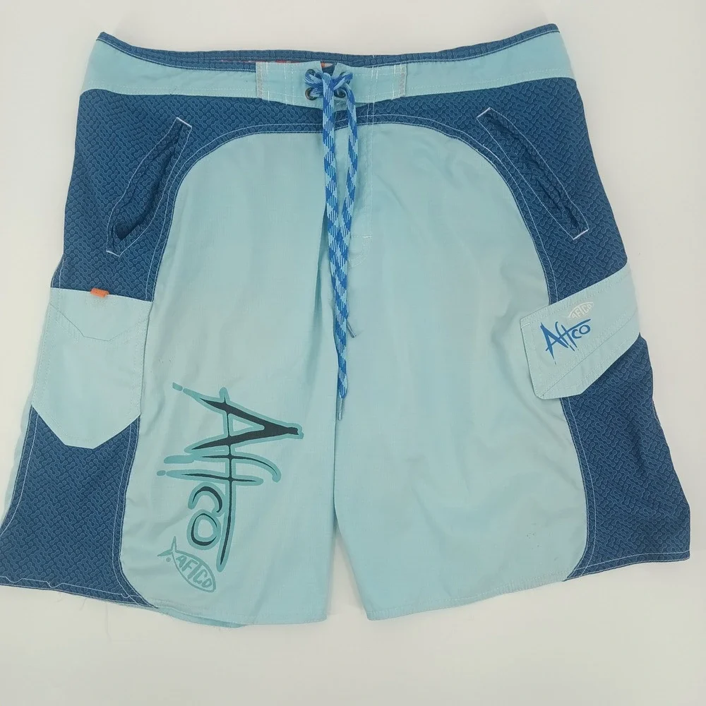 AFTCO Mens Blue Ripstop Fishing Board Shorts Size 36 Cargo Pockets Beachwear
